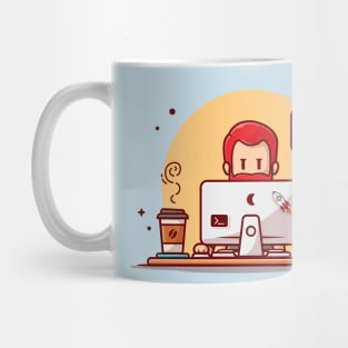 Man Working On Computer With Cat Cartoon Vector Icon Illustration Mug